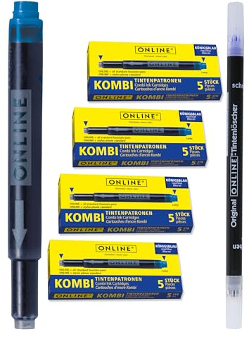 ONLINE 20x kompatible LAMY Patronen blau & Tintenlöscher, auch für Pelikan, Stabilo etc., Universal Tintenpatronen, Füller Patronen, löschbar, für Füllhalter & Tintenroller, Vorteilspack königsblau