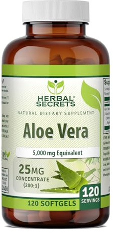 Herbal Secrets Aloe Vera 25 Mg | Standardized 200:1 Concentrate | 120 Softgels | 5000 Mg Equivalent | Non-GMO | Gluten-Free | Made in the USA