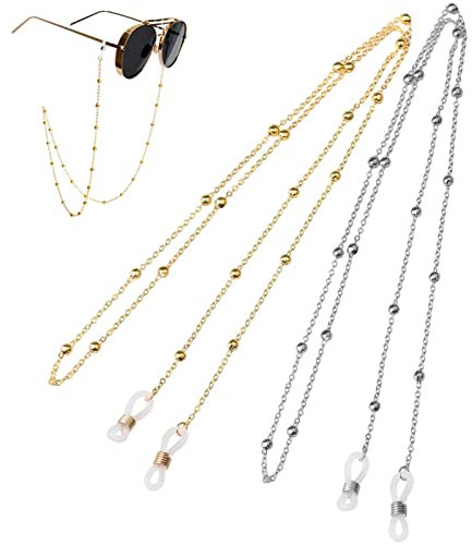 2 Pcs Glasses Chains, Spectacles Cord Beaded Eyeglass Chain Glasses Strap Sunglasses Lanyard Glasses String Chains for Men and Women(Gold, Silver, 28inch Long)