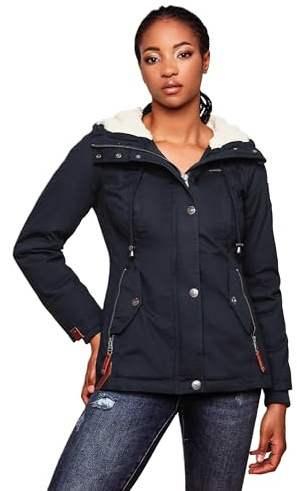 MARIKOO warme Damen Winter Jacke Teddyfell gefütterte Winterjacke B802 [B802-Bik-Navy-Gr.S]