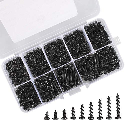 450pcs Micro Tornillos de Cabeza Phillips, Tornillos AutorroscantesAcero al Varbono M3 Kit de Mini Tornillos de Madera Electrónicos Autorroscantes de Cabeza Redonda con caja de Compartimiento (Negro)