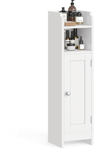 VASAGLE Small Storage Corner Floor Cabinet with Door, 7.9 x 7.1 x 31.5 Inches, Narrow Toilet Paper Storage Holder, Adjustable Shelves, for Bathroom, Living Room, Small Spaces, Cloud White UBBC310W01