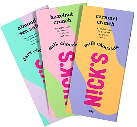 NICKS Mix tablettes de Chocolat Sans Sucres Ajouté, Barre Keto, Chocolat à faible teneur en glucides lowcarb, sans gluten et sans huile de palme (3x75g)