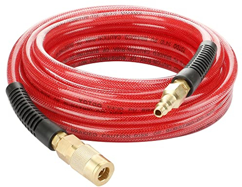 YOTOO Reinforced Polyurethane Air Hose 1/4 Inner Diameter by 25' Long, Flexible, Heavy Duty Air Compressor Hose with Bend Restrictor, 1/4 Swivel Industrial Quick Coupler and Plug, Red