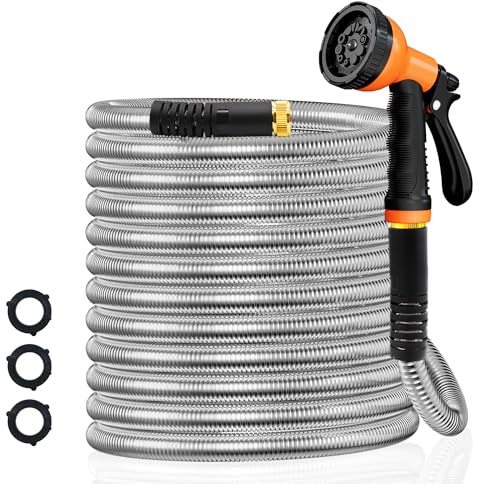 Besiter Garden Hose 50FT Stainless Steel Water Hose with 10 Functions Adjustable Spray Nozzle, Heavy-Duty Metal Garden Hose Flexible Durable No-Tangle & Kink Leak Dog Proof Hose for Yard Lawn(Orange)