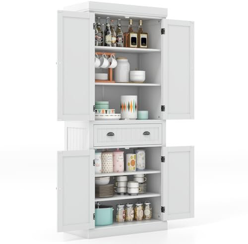 GOPLUS 183 cm hoher Küchenschrank mit 4 Türen, Buffetschrank Vorratsschrank mit Schublade und verstellbaren Regalen, freistehendes Sideboard für Esszimmer, Wohnzimmer, Flur, 76 x 40 x 183cm (Weiß)