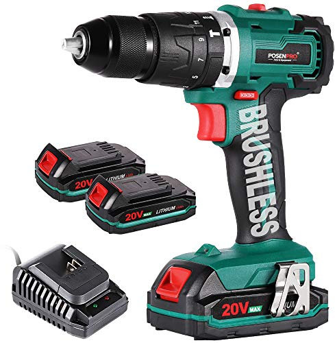 POSENPRO Taladro Percutor a Bateria 20V, Sin Escobillas Taladro Atornillador Bateria con 2 Baterías 2000mAh, 50Nm, 19+3 Ajuste de Par Destornillador Electrico, 2 Velocidad, Luz LED, Bricolaje