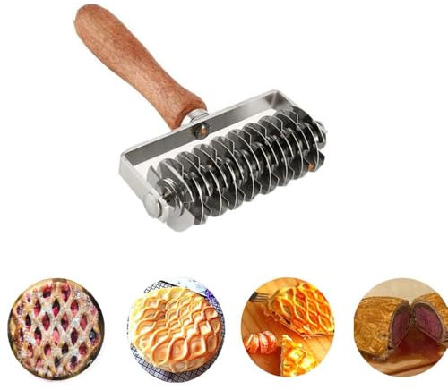 Pastry Lattice Roller Cutter - Stainless Steel Dough Cutter With Wood Handle for Pie, Pizza, Bread, Beef Wellington and Pastry Crust