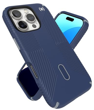 Speck Blaue iPhone 16 Pro Hülle - MagSafe und ClickLock Schlanke Handyhülle - Presidio 2 Grip - Küstenblau/Staubgrau