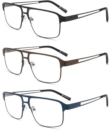MODFANS 3-Pack Reading Glasses Men (Blue Light Blocking) Metal Frame Rectangle Style Stainless Steel Material Readers Glasses Black/Brown/Blue