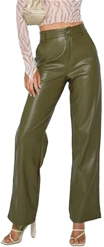 Pantalones de Cuero para Mujer, Cintura Alta, Pierna Recta, Casuales, de Cuero sintético, Acampanados, con botón Plateado