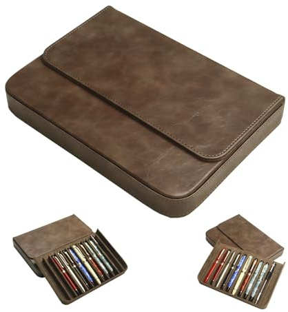 YUKAM Leather Pen Case for 12 Fountain Pen/Pencil Tray Case Organizer, Fashion Design, Handmade, Magnetic Closure with Drawer, Pen Tray Drawer Holder Design（brown）