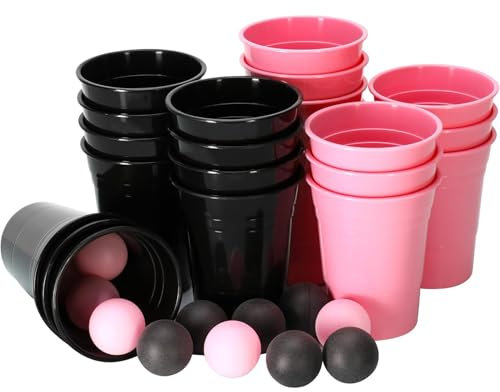Yooyan Lot de 34 gobelets pong - 22 gobelets et 12 balles - Noir et rose - Réutilisables - 700 ml - En plastique dur - Pour anniversaire, mariage, pique-nique, fête de famille