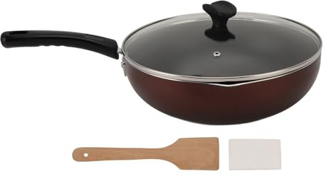 Tomotato Sartén Antiadherente con Tapa, Sartén para Saltear Multifuncional Cocina Casera Utensilios de Cocina de Hierro y Madera Compuesta para Freír, Cocinar y Asar (Estilo 1)