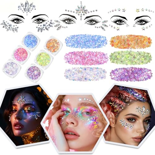 Amaza 9 Pcs Paillettes Visage et Strass Visage, 6 Couleurs Lumineuse Gel Paillettes Visage + 3 Pcs Strass Autocollant Visage, Maquillage Festival Visage Paillette Visage Yeux Corps Ongle Nail