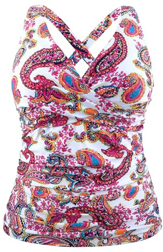 Hilor Underwire Tankini Tops for Women Plus Size Cross Back Bathing Suit Top Modest Tummy Control Swimsuit Tops Red Paisley 26