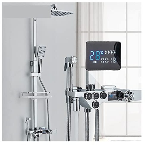 GHFXSCV Panel de Ducha, Grifo termostático Cromado para baño, Grifo de bañera Efecto Lluvia con repisa, Flujo de Agua Que Produce Electricidad (TH White B)