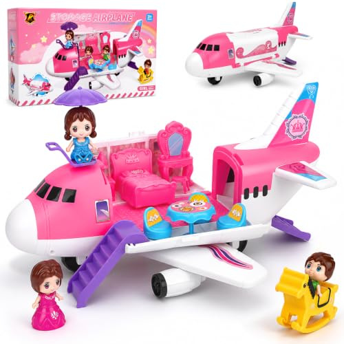 Avion Jouet Rose Fille dès 3 Ans, avec Figurines, Meubles et Accessoires