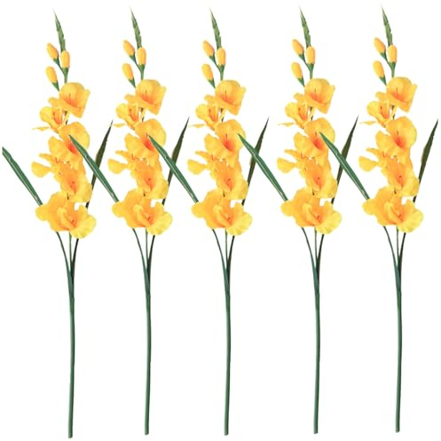 Licsaliwe Gladiolus blommor – 5 st 65 cm lång stam realistisk gladiolus, lågt underhåll falsk grönska gul
