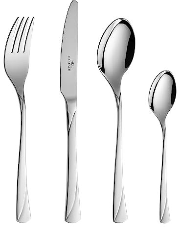 Gerlach Valor Besteck-Set für 6 Personen Spülmaschinenfest Essbesteck Edelstahl Tafelbesteck Messer Gabel Löffel Teelöffel Kuchengabel Soßenlöffel Kuchenspachtel Gläzend Rostfrei 24 Stk