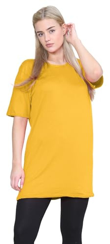 janisramone® Womens Short Sleeve Tunic T Shirts, Round Neck Oversized T Shirts for Women UK, Soft Comfortable Pj Dress, Perfect Summer Longline Ladies Tops Mustard