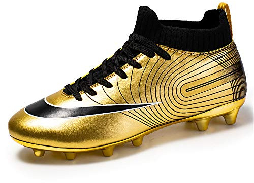 XFQ Football Boots, Kids' Adult Football Training Shoes AG Outdoor Football Boots Teenage Students Breathable Soccer Sneakers,Gold,37EU