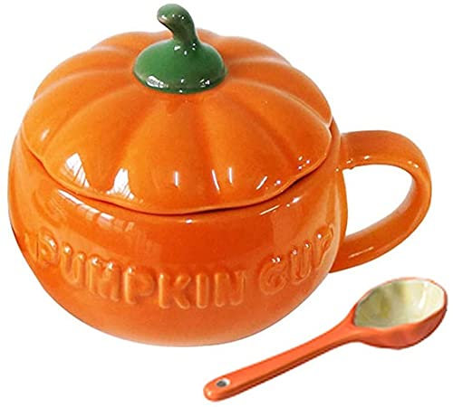 YBK Tech Süße Kürbisbecher aus Keramik, Kaffeetasse Milchbecher mit Deckel, 8.5oz (Tasse+ Löffel)