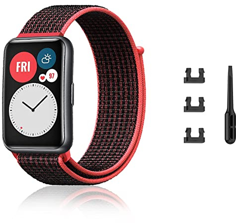 Niboow Armband für Huawei Watch Fit/Fit New/Fit Elegant/Fit SE, Weich Atmungsaktiver Ersatzriemen, Nylon Einstellbar Ersatzband für Huawei Watch Fit/Fit New/Fit Elegant/Fit Special Edition-Schwarz Rot