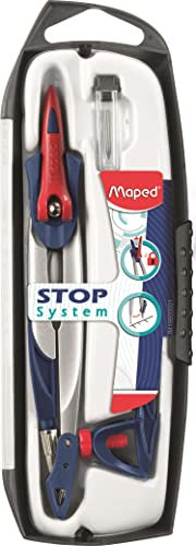 Maped - Coffret Compas Scolaire Stop System 3 pièces avec Sécurité Protège Pointe et Mine - Système de Verrouillage Breveté - Bague Universelle + Étui - Dès 10 Ans, Métal