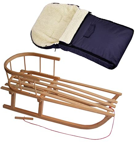 Kombierbjudande träsläde med ryggstöd och dragrep + universell vinteråksäck (90 cm), även lämplig för babystol, barnvagnar, buggy, lammull, uni (marinblå + släde)