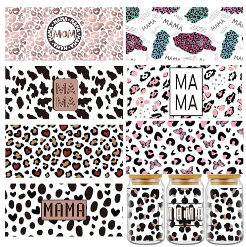 Rngmsi UV DTF Cup Wrap - 8 Sheets Leopard Print UV DTF Wraps, Waterproof Mom Rub on Transfers, Mama Uvdtf Decals for 16 oz Glass, DIY Wood Crafts, Mother's Day Gifts