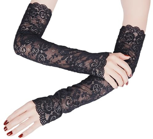 JTMKYO 1 Paar Damen-spitzenhandschuhe, Schwarze Fingerlose Handschuhe, Netzhandschuhe Für Damen, Schwarze Sonnenschutz-langhandschuhe, Lange Armstulpen (45 Cm)
