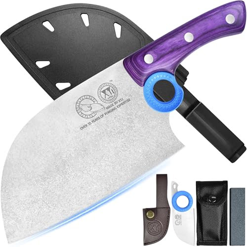 XYJ Slitstark stor köttkniv, serbisk kockslaktare kniv med fodral, kockgrönsakskniv, fullt skaft för utomhuscamping, trähandtag med mantel