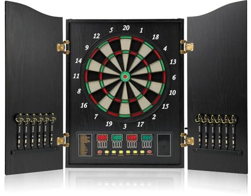 Genérico Juego de Dardos electrónicos con Mueble - Diana Digital con puntuación automática con Puertas de Madera, Pantalla LED, 12 Dardos, 88 Puntas Blandas - 27 Juegos para hasta 16 Jugadores - Func