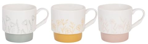 Set of 3 Stackable Floral Mugs Pink Yellow Green - 12 Ounce 370ml Modern Contemporary - Tea Coffee Cups Latte Cappuccino Hot Chocolate Drinks - Home Kitchen Work Office Mug Set
