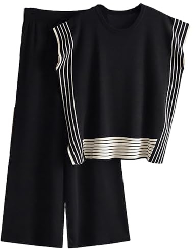 Veriliss Two Piece Outfits for Women Co Ord Sets Knited Sweater Set Tracksuit Pullover Tops Elastic Waisted Pants Lounge Wear(Stripe-Black,L)