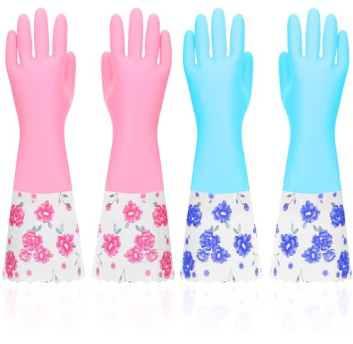 2 Pairs Rubber Cleaning Gloves Household Kitchen Dishwashing Gloves Long Cuff Glove with Cotton Flocked Liner Reusable Waterproof Non-Slip Household Glove for Bathroom Laundry Gardening Gift for Mom