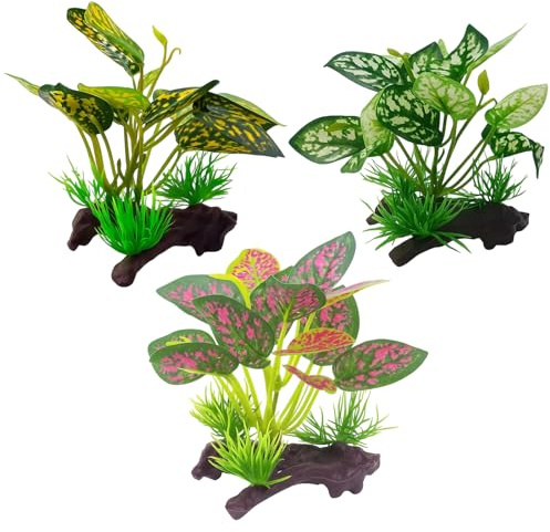 HiTjK 3 Pack Vivarium Decoration, Tortoise Accessories, Artificial Aquarium Plants, Terrarium Plants for Fish Tank, Aquarium Decor