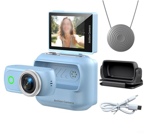 Vilgftyiet Mini-panorama-actionkamera, tummstorlek 360° bärbar videokamera med magnetiskt fäste, anti-skakning, WiFi-anslutning, lätt för utomhuscykling (blå)