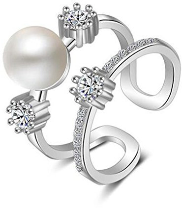 BROWOL Damen Ehering 925 Sterling Silber Perlen Hohl Zirkonia Kristall Verstellbarer Ring - Einfache Doppelring für Verlobung und Partner als Geschenk