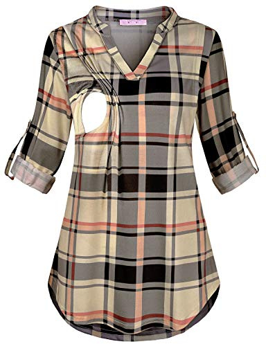Joymom Maternity Plaid Shirts,Womens Fashion Henley V Neck Cuffed Sleeve Nursing T-Shirt Pregnancy Form Fitting Aline Flowing Breastfeeding Blouses Travel Clothes Beige Medium