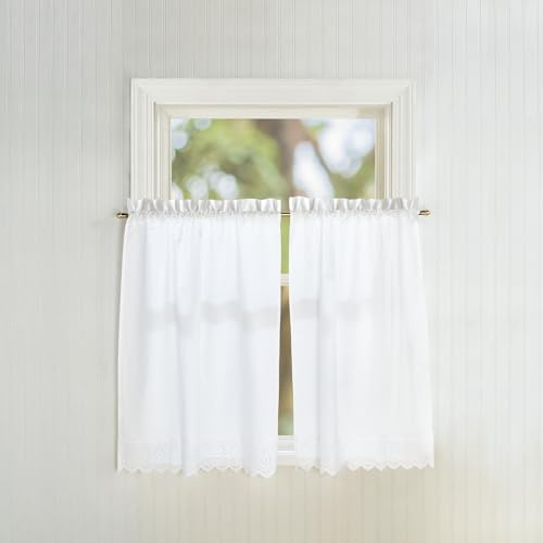 CHF Penny Eyelet Kitchen Curtain Tier Pair, Rod Pocket, 28W x 36L inch, White