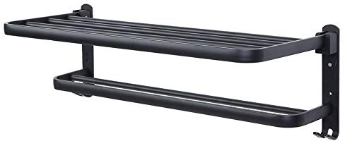 Porta Asciugamani Bagno, Portasciugamani da Parete con Mensole Doppia in Alluminio da 60cm, Asciugamano da Doccia a Parete Ripiano da Bagno Pieghevole, Mensola Portasciugamani con Ganci