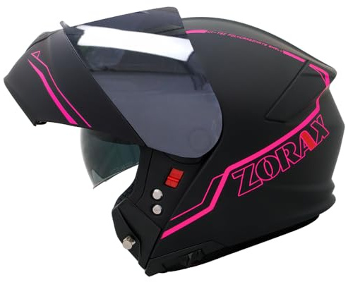 Zorax ZOR-838 Motorbike Flip up Helmet + Extra Dark Smoke Visor | Matt Black/Pink M (57-58cm) Modular Front Motorcycle Helmet Motorbike Motorcycle ECE 2206 Approved