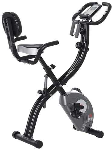 HOMCOM Cyclette Pieghevole con Schienale, Bande Elastiche e 8 Livelli di Resistenza Regolabile, Cyclette da Casa Silenziosa con Display LCD, Sensore di Frequenza Cardiaca, Porta Cellulare e Ruote
