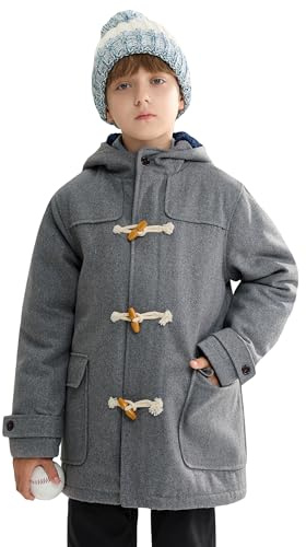 maoo garden Boys Wool Coat Kids Winter Heavy Sherpa Lined Duffle Jacket Hooded Trench Dress Coat Lightgray 11-12Y