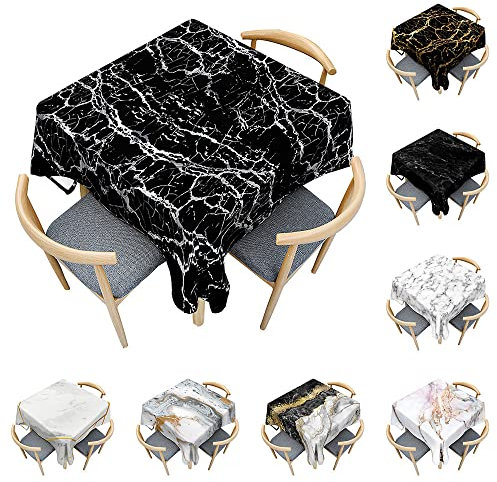 Odot Tischdecke Quadratisch Wasserdicht Polyester, Pflegeleicht Fleckschutz Abwaschbar 3D-Schwarz-Weiß-Marmor Rechteckig Tischdecke für Home Küche Couchtisch Dekoration (schwarzes Silber,90x90cm)