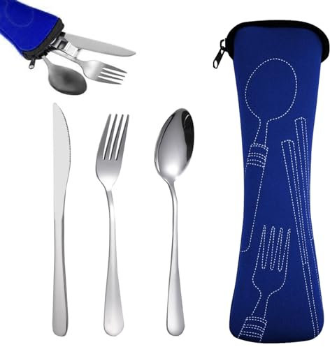 Voyage Ensemble Couverts Set, Couverts portatifs en Acier Inoxydable, Couverts de Camping avec Étui en Néoprène pour Camping,Pique-Nique, Festivals et Les Voyages