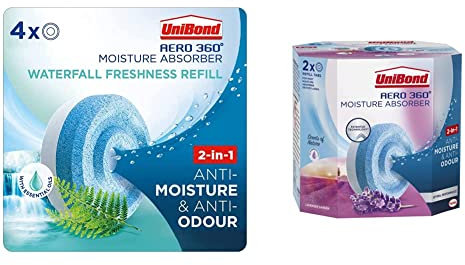 Unibond AERO 360° Moisture Absorber Waterfall Freshness Refill Tab,Aromatherapy,Ultra-Absorbent and Odour,2851728,White and Blue & UniBond AERO 360° Moisture Absorber Lavender Garden Refill Tab