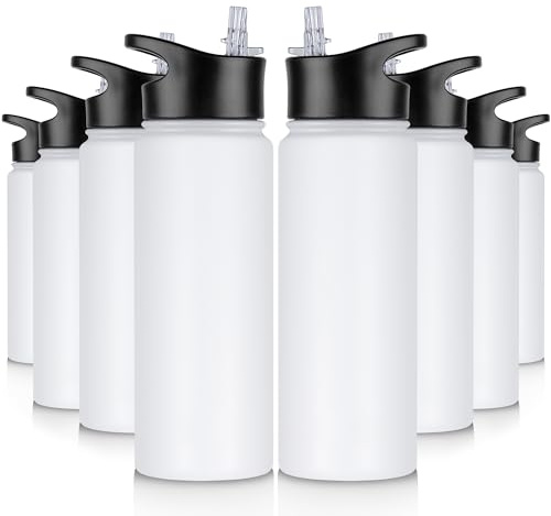 VQRRCKI 24 Oz Insulated Water Bottle Bulk 8 Pack, Stainless Steel Sports Water Bottles with Straw Lid & Wide Mouth Lids, Double Walled Vacuum, Leak Proof, White